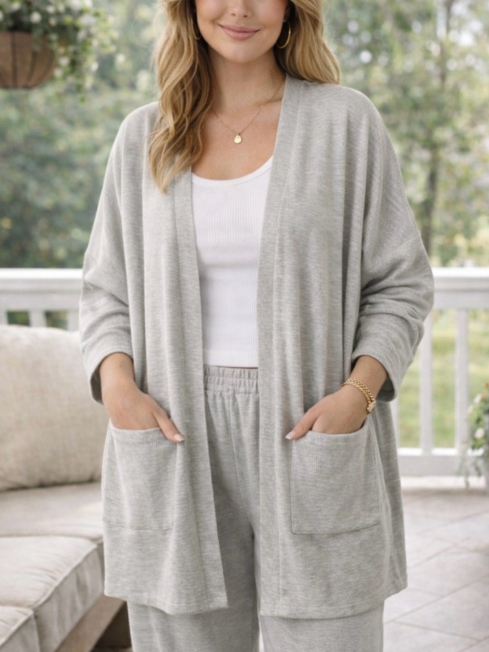DONNI Soft Ribbed Cardigan Sweater Gray Stripe One Size Fits All Lounge